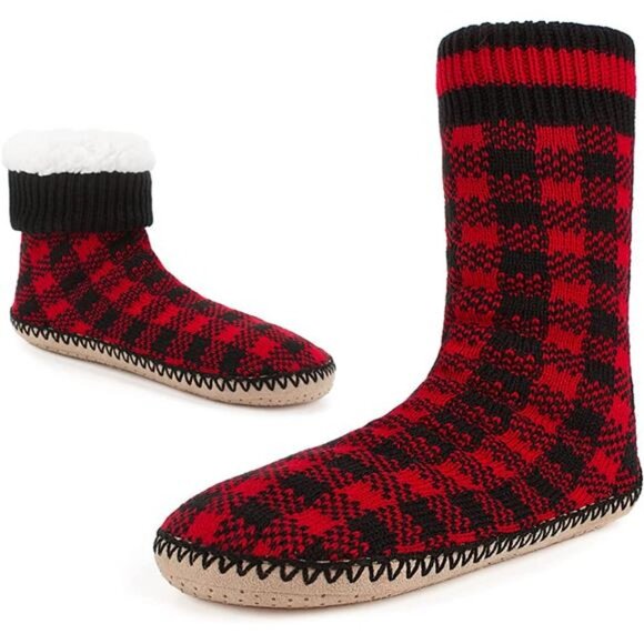 Men's Slipper Socks Fleece Lined Non-skid Soles, Knitted Warm Fuzzy House Shoes
